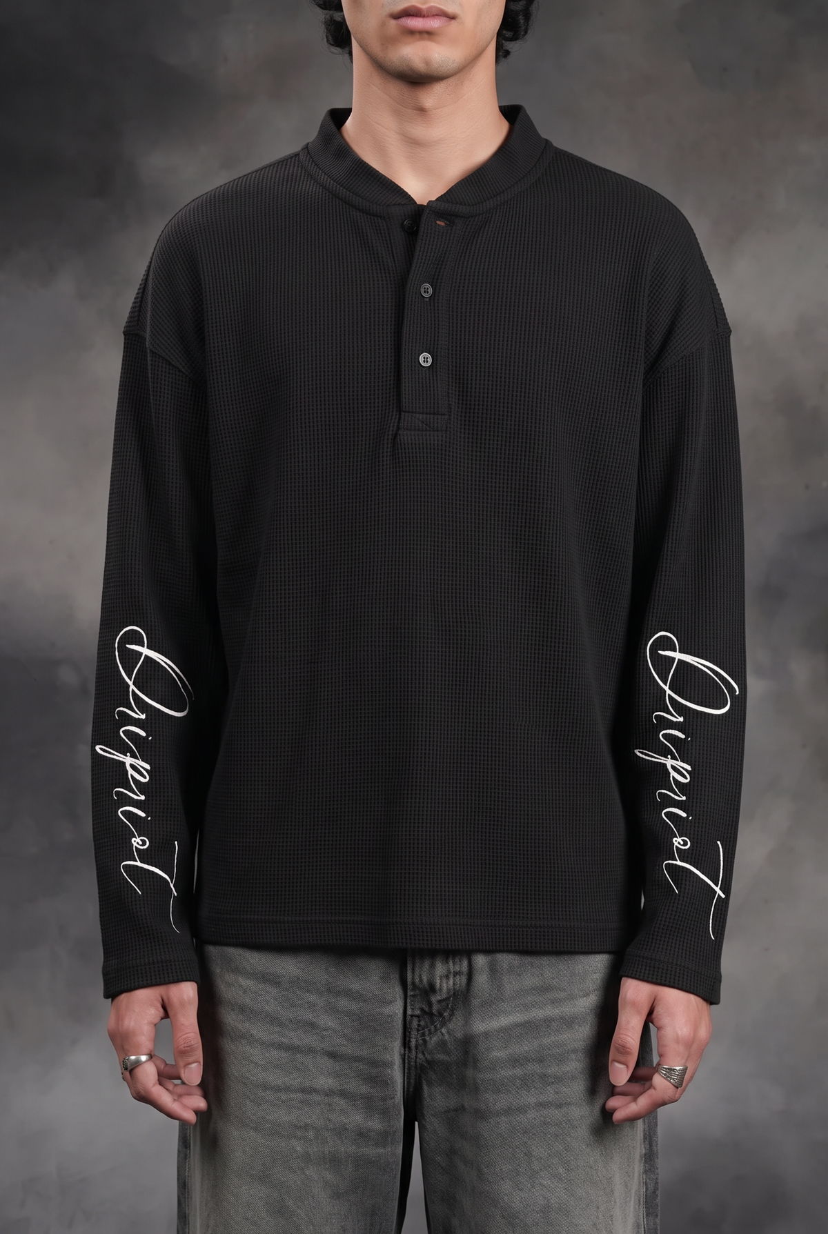 Boxyfit Black henley waffle