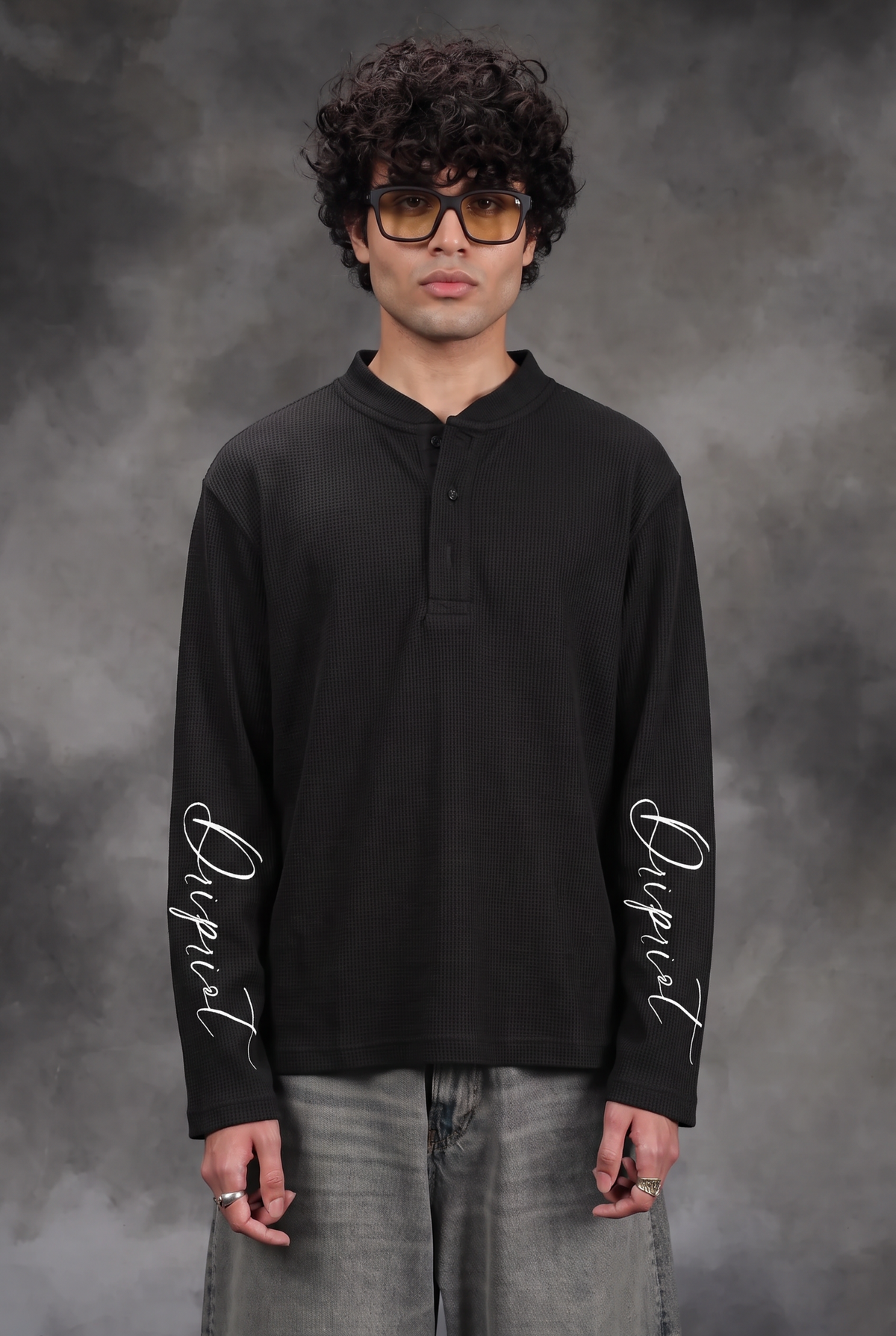 Boxyfit Black henley waffle