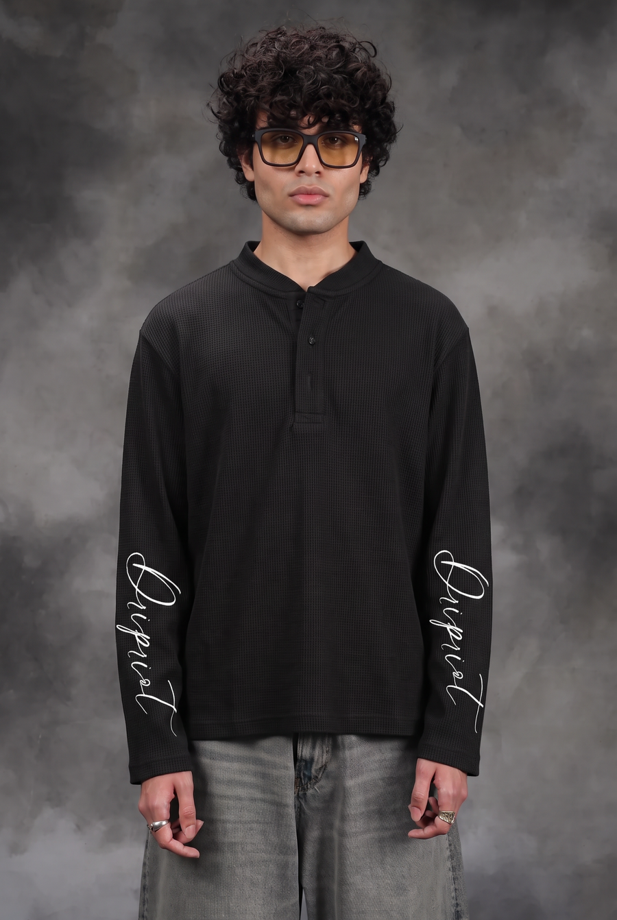 Boxyfit Black henley waffle