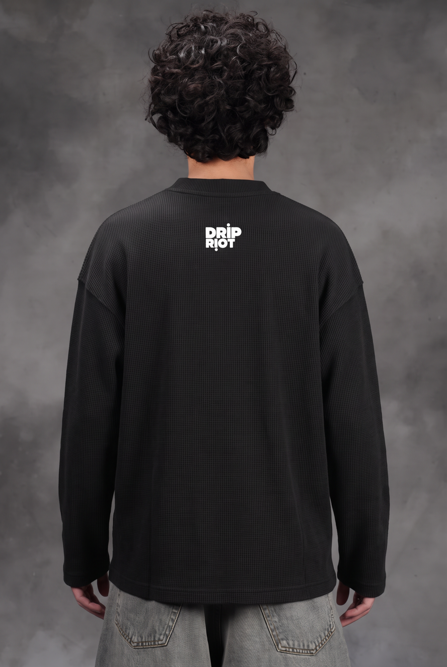 Boxyfit Black henley waffle